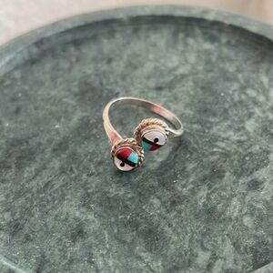 Dual Stone Turquoise and Coral Adjustable Zuni Ring